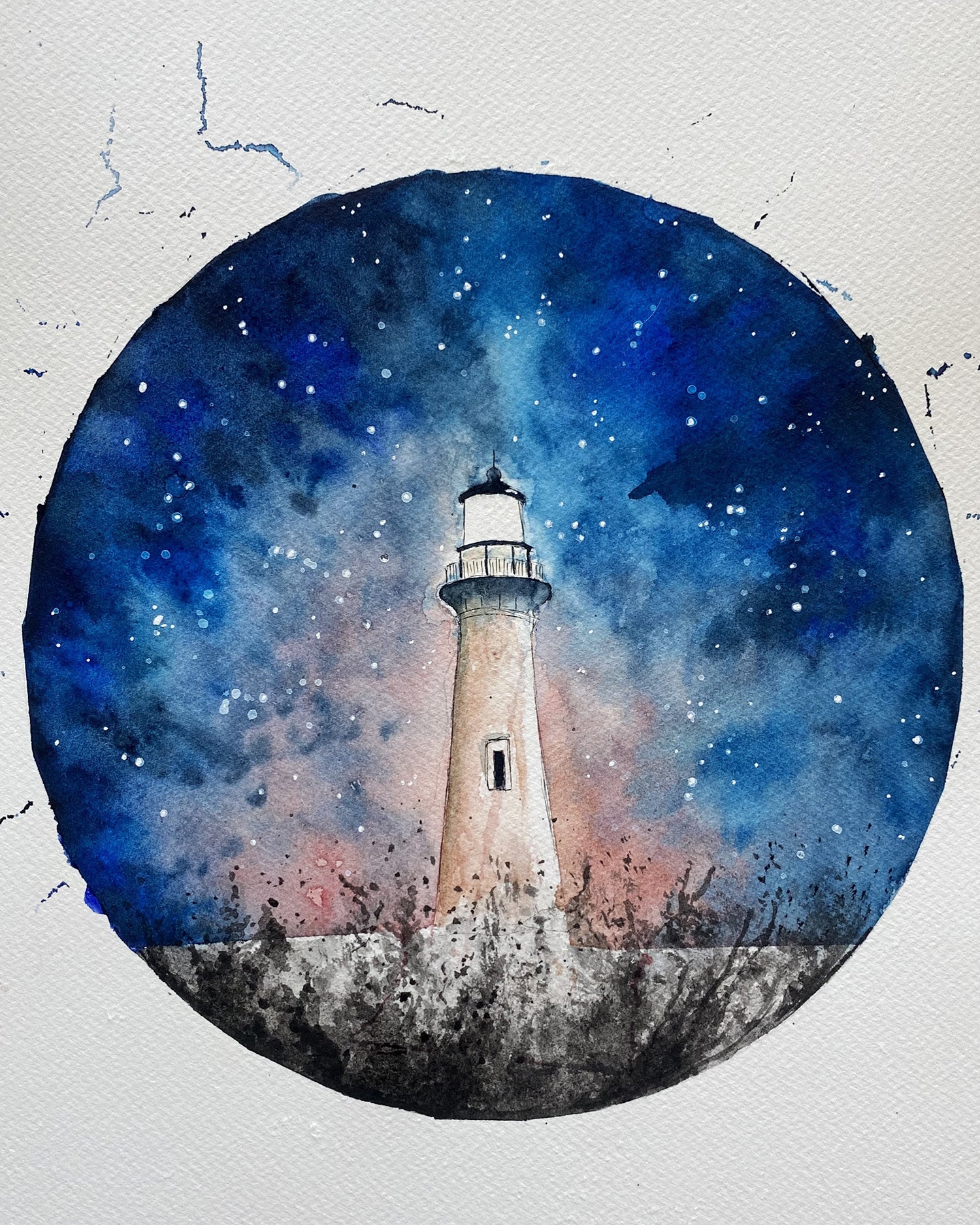 soquarelle - illustration - aquarelle - Suisse - illustratrice - phare - mer - nature - océan – vagues - ciel nuit