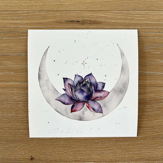 soquarelle - illustration - aquarelle – boutique en ligne - floral - Suisse - illustratrice - botanique - fleurs - nature - lotus – lune - reproduction - réimpression