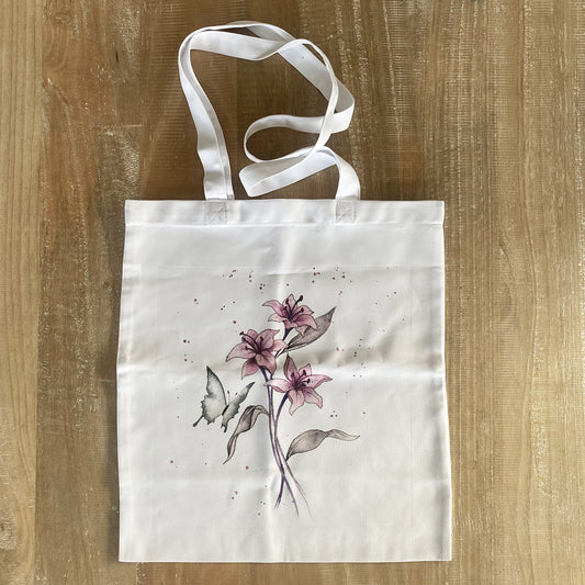 soquarelle - illustration - aquarelle - floral - Suisse - illustratrice - botanique - fleurs - nature - papillon - sac cabas tote bag